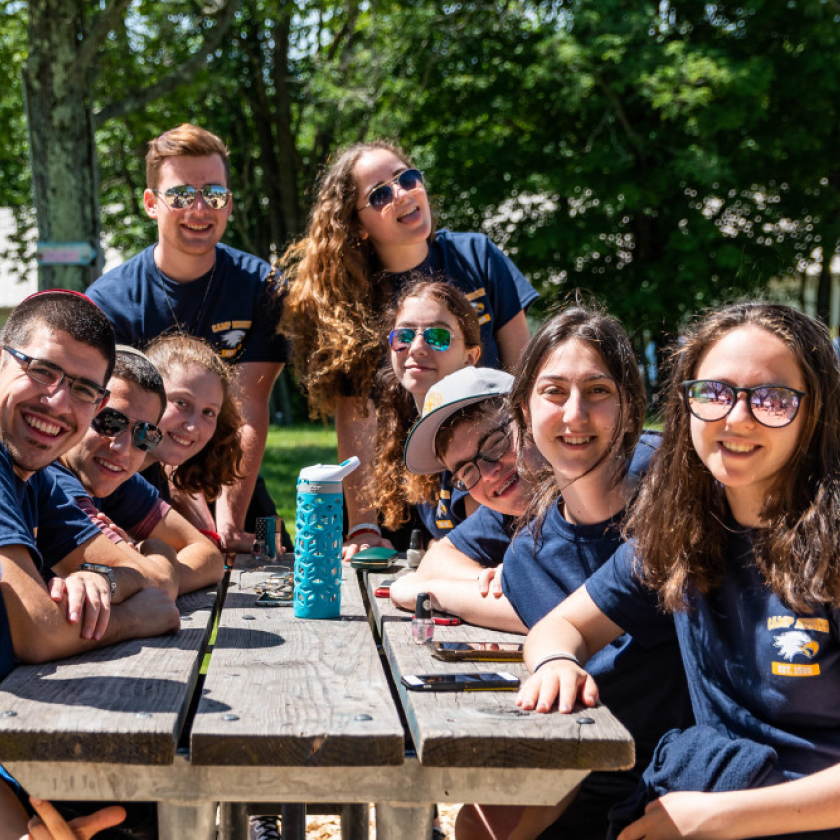 A group of campers gathered together at a picnic table.